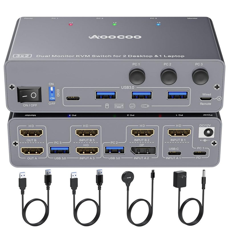 AOOCOO مفتاح KVM USB C 4K60Hz، مفتاح USB C HDMI DP لشاشتين لمشاركة 2 جهاز كمبيوتر و 1 لابتوب و 4 أجهزة USB3.0، 100W PD للابتوب، تحكم عن بعد سلكي وكابلات USB متضمنة - Image 1